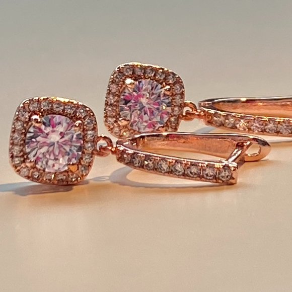 Rose Gold Cubic Zirconia Square Drop Earrings - Picture 3 of 10